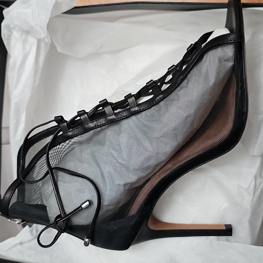 BCBGMaxAzria Black Mesh Lace-Up Peep-Toe Ankle Booties - Picture 3 of 10